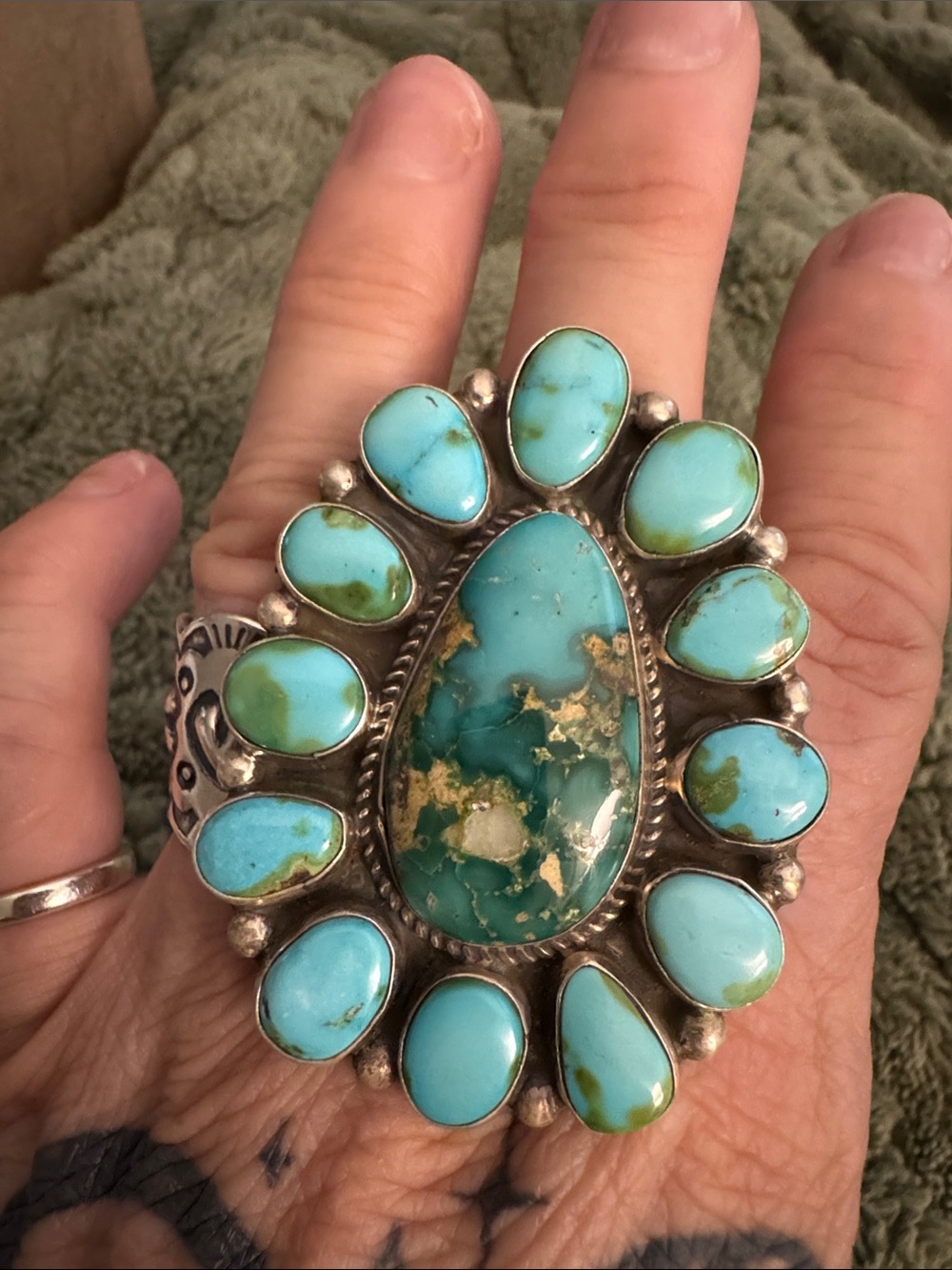 Sonoran Turquoise Statement Cluster Ring -825 silver Native made/signed